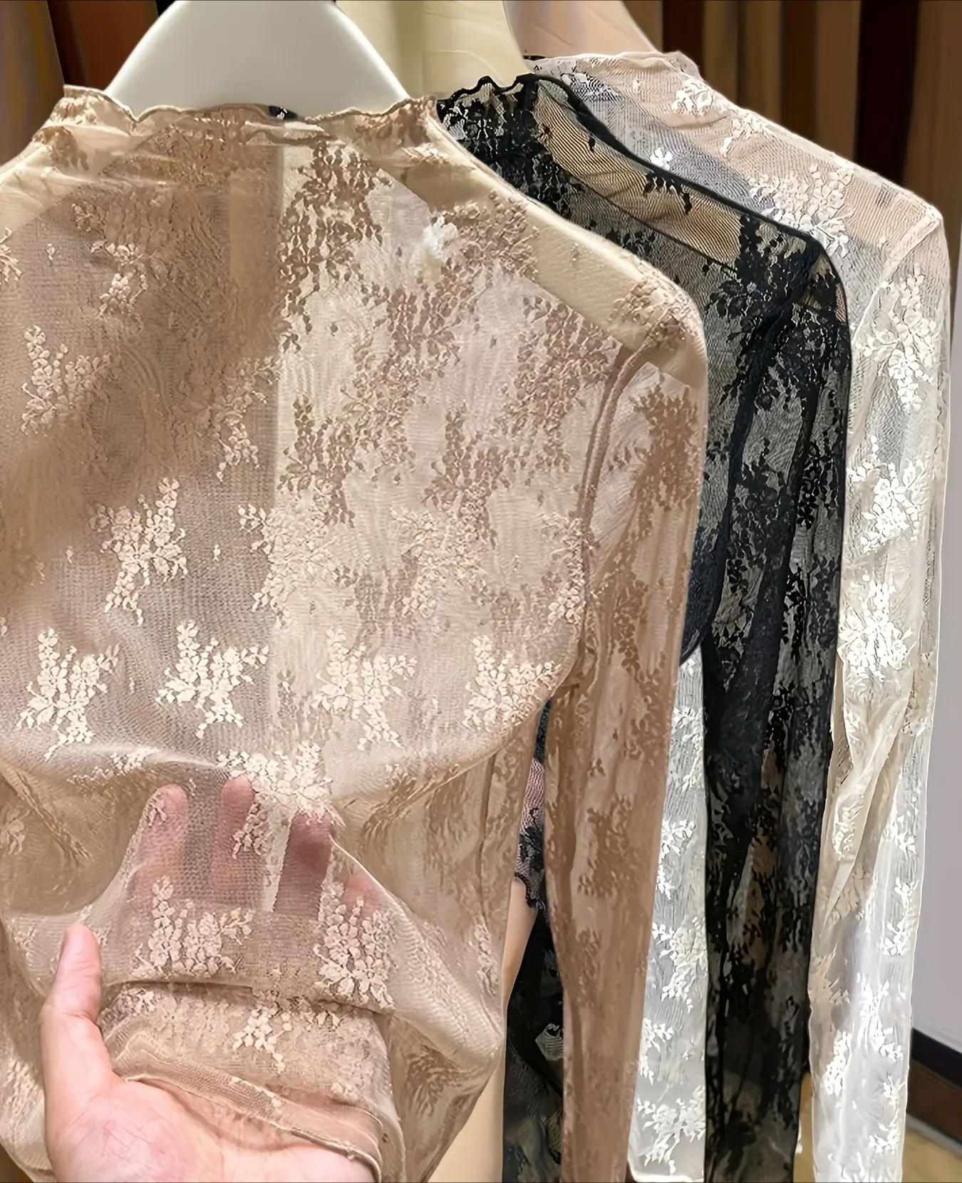 3PCS Lace turtleneck bottoming shirt Women's Hollow thin inner mesh shirt long-sleeved top High end lace Undershirt Womenstop
