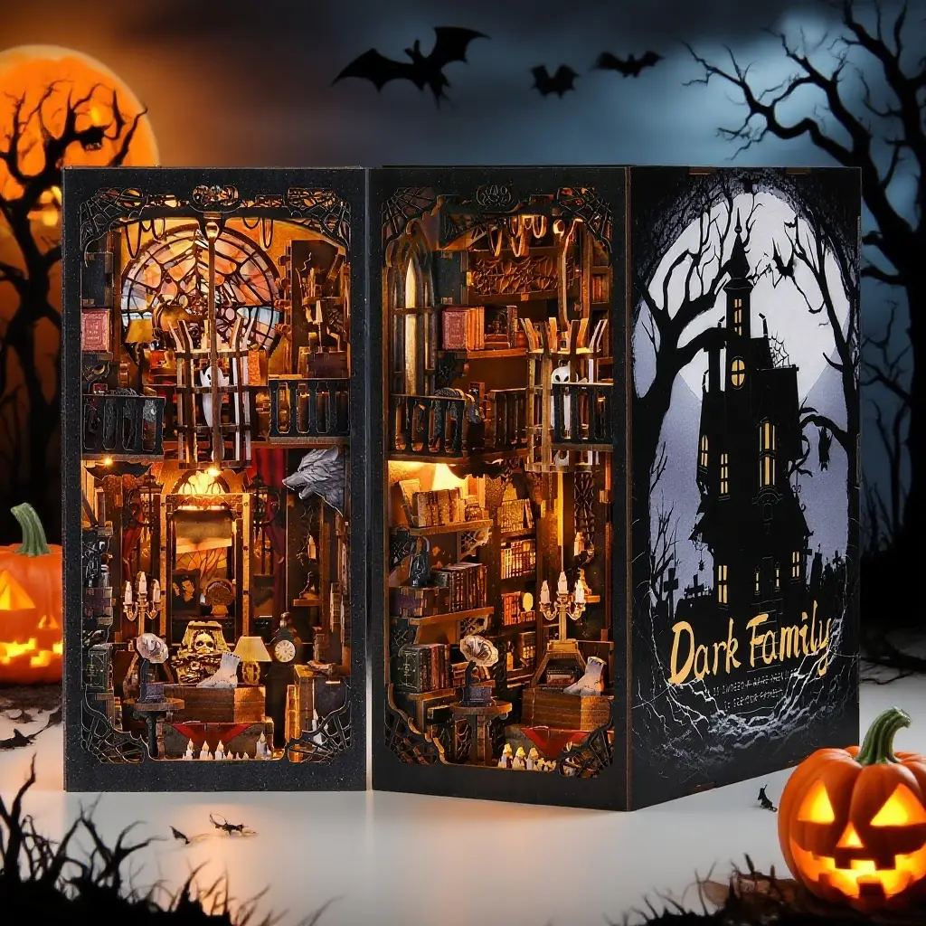 3D Wooden Bookends Kit, DIY Wooden Bookends Kit, Miniature House Kit, Book Shelf Insert Decoration, DIY Bookends Model Building Kit, Halloween