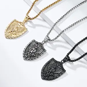 Michael the Archangel Psalm 27:1 Engraved Shield Necklace with Men’s Stainless Steel Chain
