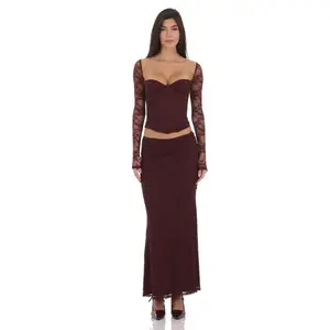 Lace Flare Maxi Skirt in Deep Wine