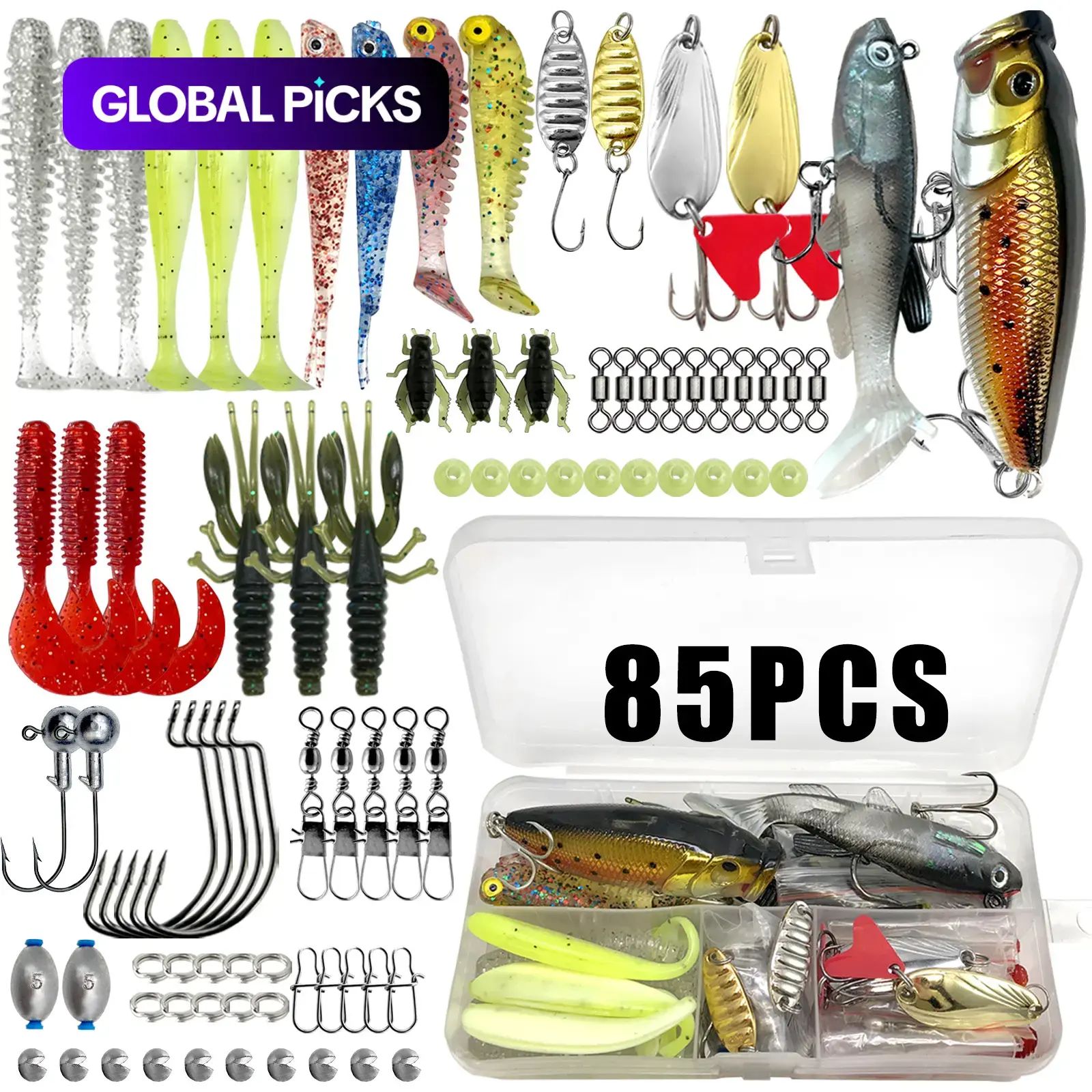 Fishing Lure Kit, Fishing Equipment, Fishing Supplies 85 to 375-Piece Tackle Set with Spoon Lures, Soft Plastic Worms, Crankbaits, Jigs and Hooks #GLOBAL PICKS