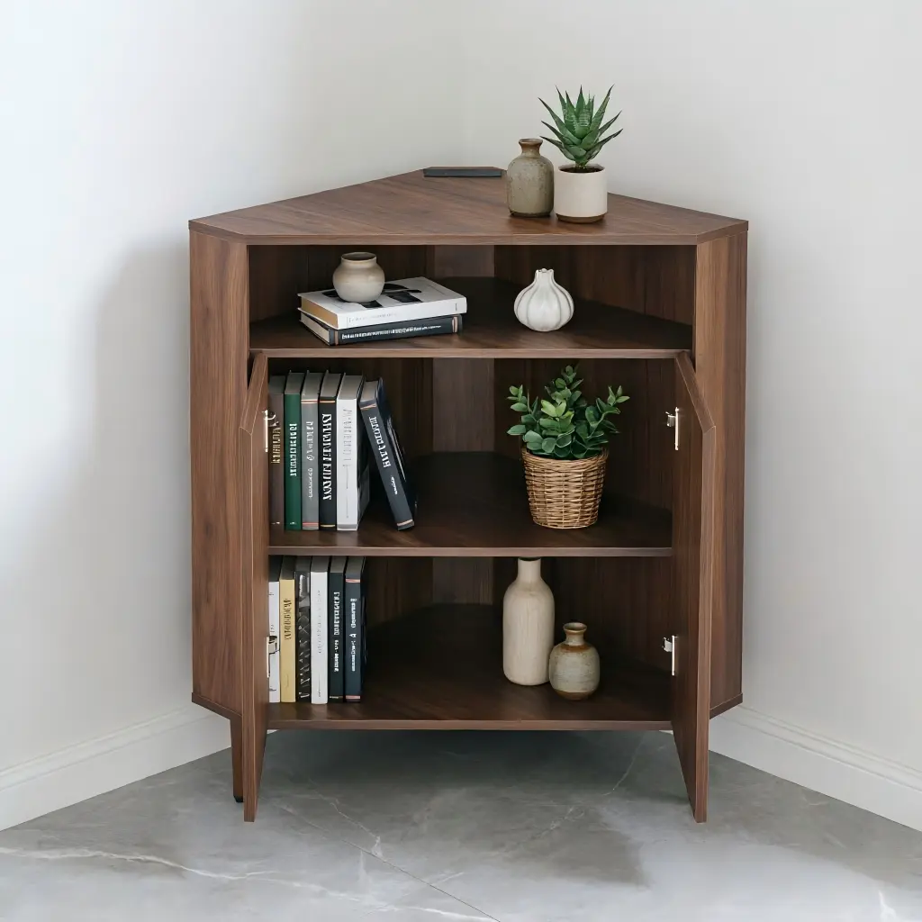 32.28" Modern Narrow MDF Corner Storage Cabinet - Floor Organizer with Built-in Power Strip Outlet, 2 Doors, Double-Tier Corner Shelves, Space-Saving Furniture for Studio Apartment, Living Room, Apartment Decor Ideas