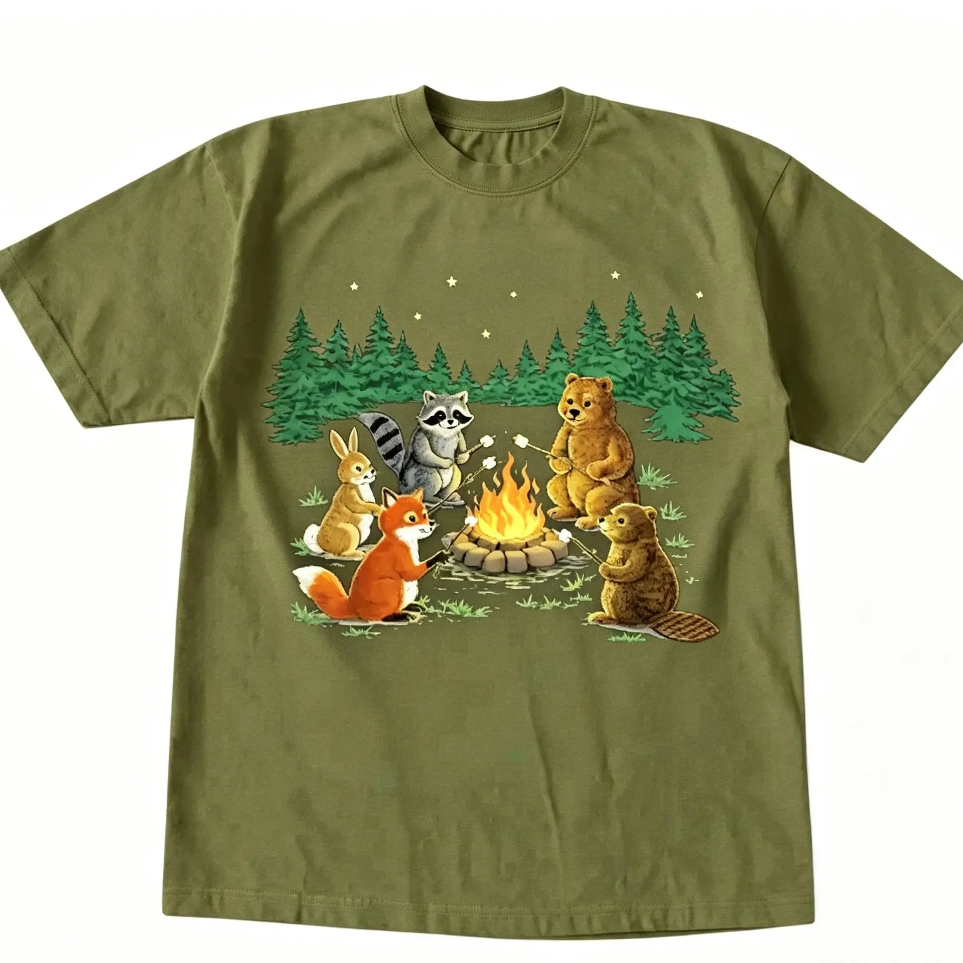 Unisex Woodland Creatures Forest Animal Vintage Graphic T-Shirt, Casual Cotton Crewneck Short-Sleeve Top, S-3XL Menswear & Womenswear Streetwear Cotton Oversized Hip Hop Graphic T-Shirt