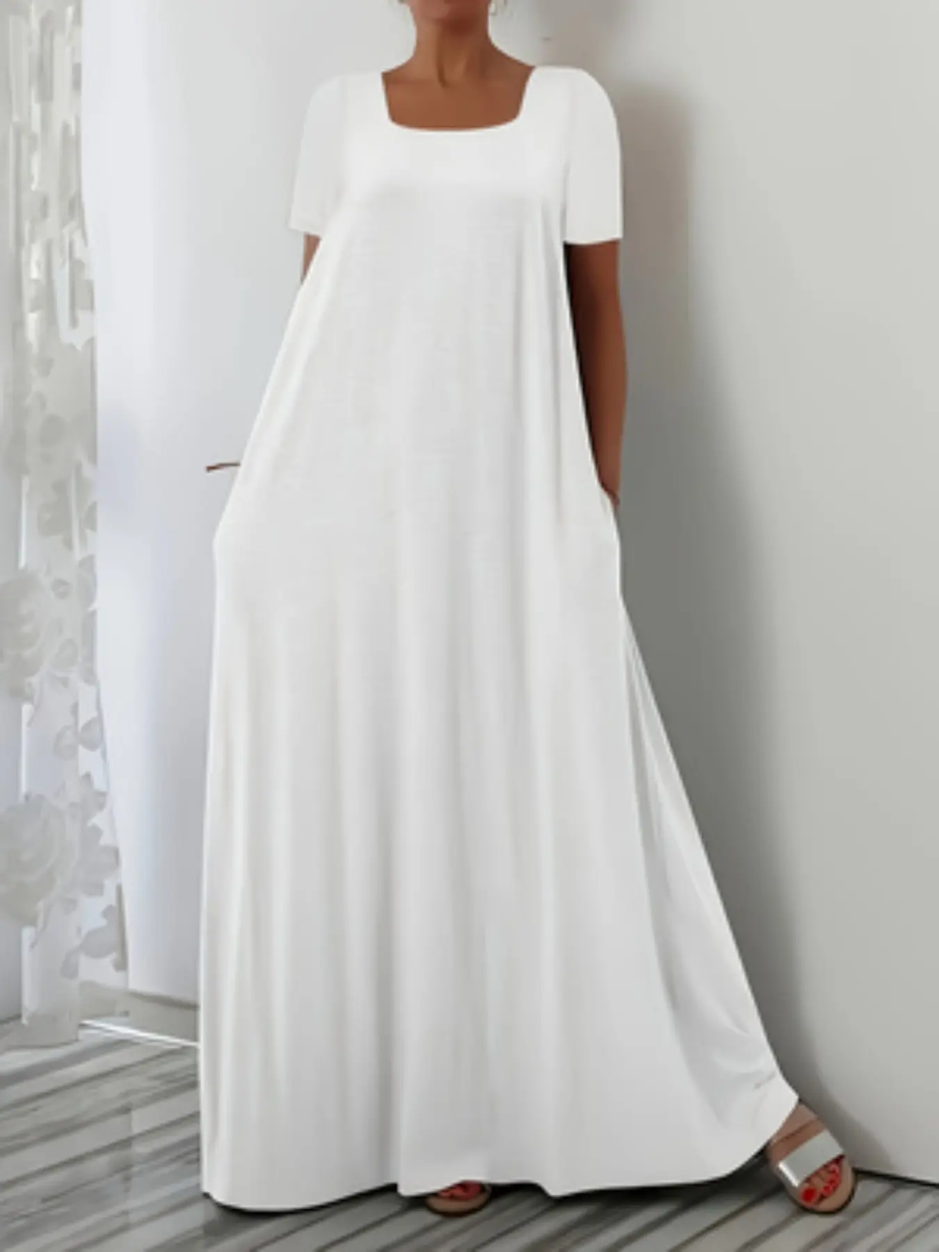 Summer Minimalist Square Neck Flowy Short Sleeve Maxi Dress, Casual Boho Elegant Home Vacation Essential, Plain Pattern, Women's Fashion, Casual Chic Dress, Casual Lounge Dress, Boho Flowy Attire