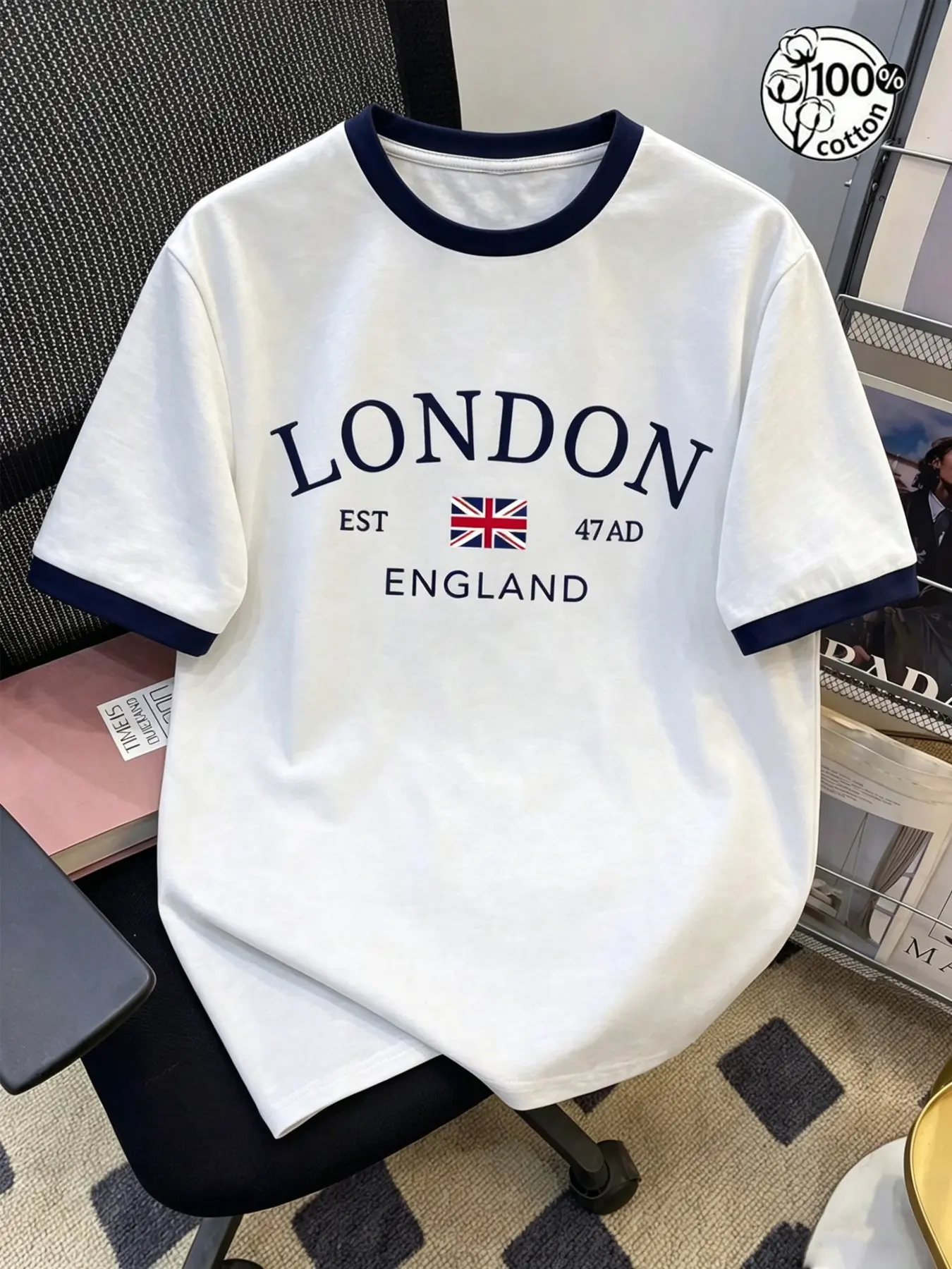 Unisex 100% Cotton London Print Ringer T-Shirt | Vintage Preppy Clean Fit Casual Top