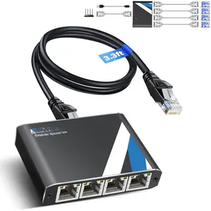 Gigabit Ethernet Splitter 1 to 4 with 3.3ft LAN , 1000Mbps High Speed 1 in 4 Out RJ45 Multi Port Internet Splitter for Cat5e/6/7/8, 4 Devices Simultaneously Networking, Plug & Play