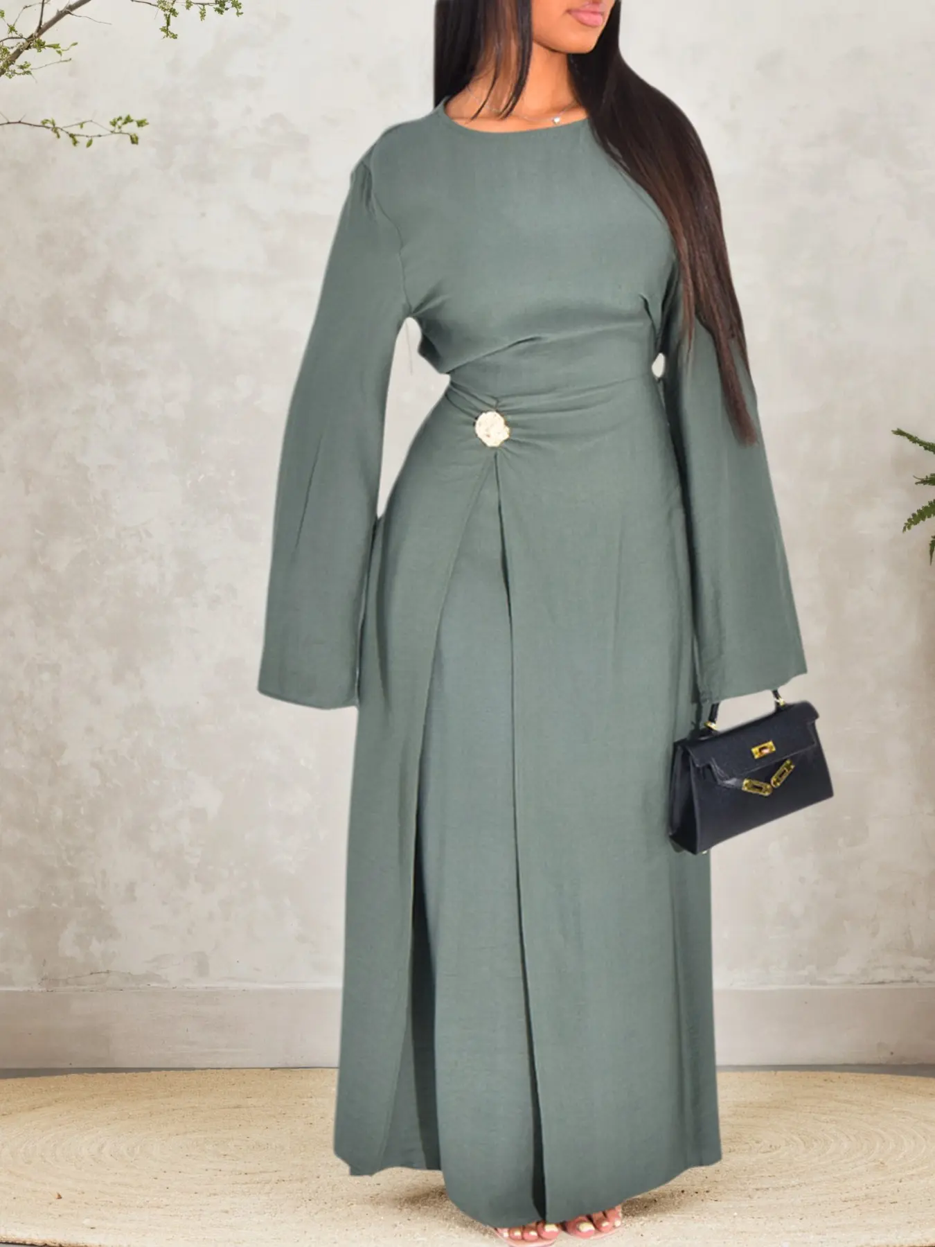Muslim Women Modest Style Plain Simple Dress with Long Sleeve Coverage, Back Tie, Waist Cinching, Decorative Buttons, Perfect for Friend Gatherings & Casual Occasions, Muslim Dresses, Modest Muslim Clothing, Modest Clothes