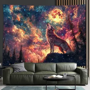 Howling wolf & moon galaxy tapestry with cosmic starry night sky design. Vibrant polyester wall hanging for living room, bedroom, office, or party decor. Unique creative gift idea and party backdrop.