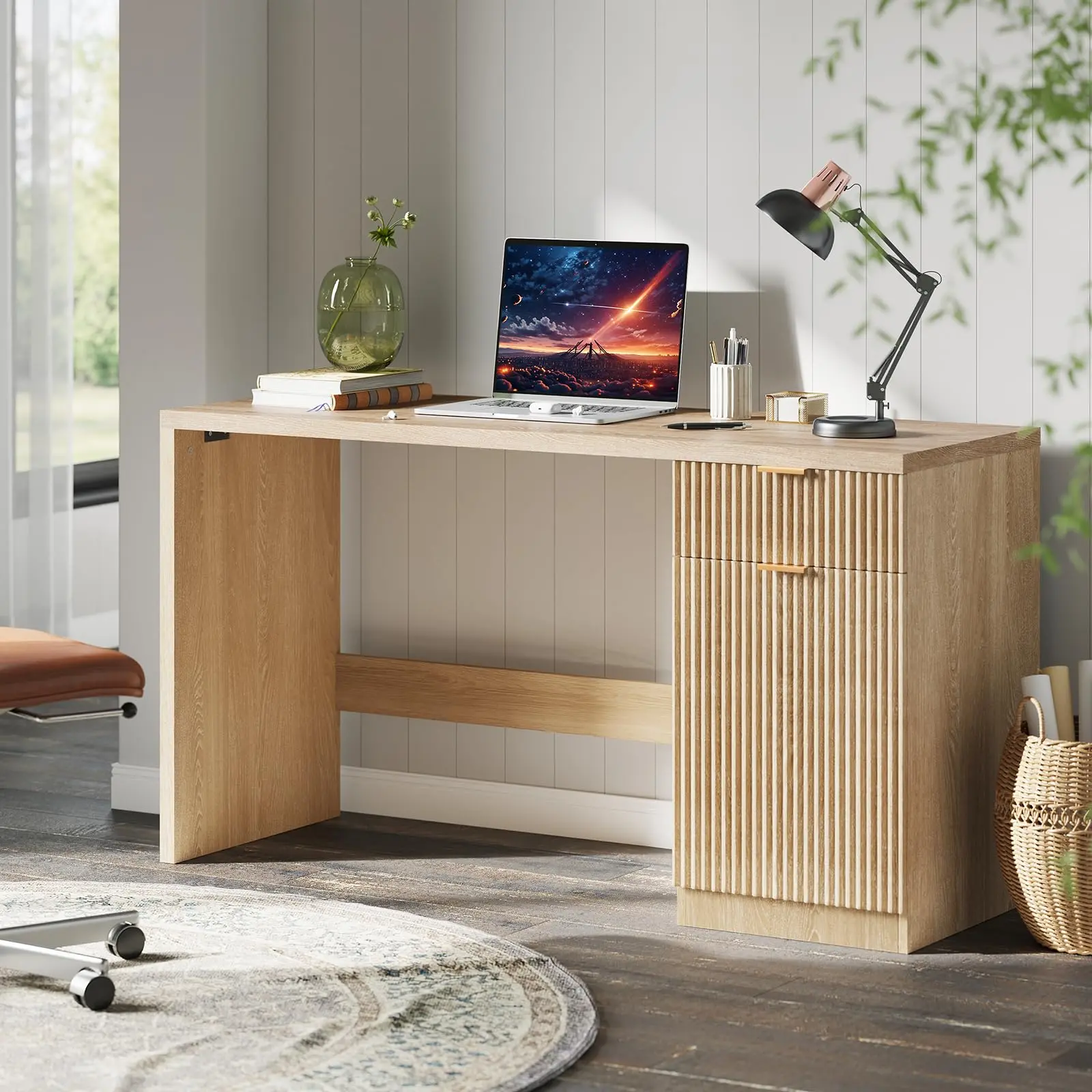 GARVEE 60" Executive Desk with Storage, Modern Home Office Desk with Drawer & Cabinet, Wood Fluted Computer Desks Workstation Writing Conference Table
