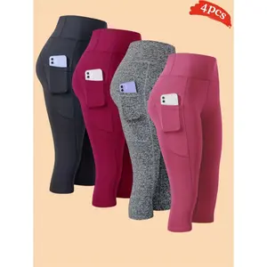 Women's 4-Pack High-Waisted Yoga Capris, Sporty Sports Bottoms with Booty-Sculpting Compression, Side Phone Pocket for Fitness
