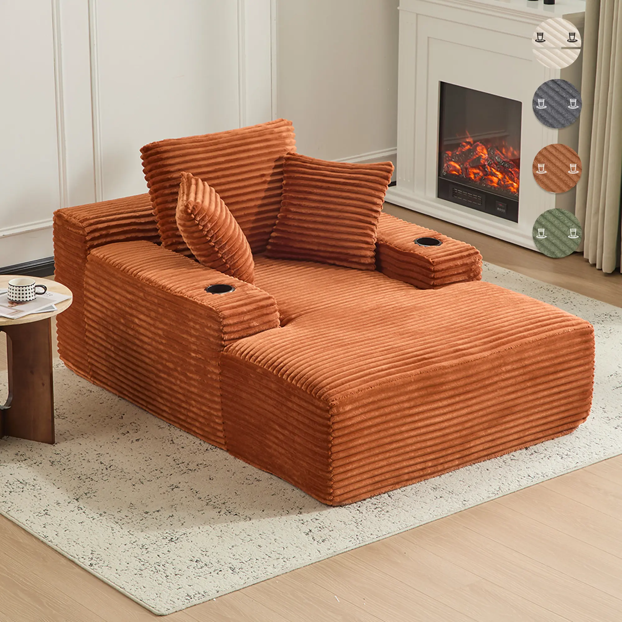 SOUTTEE 64'' Single Seat Boneless Chaise Lounge - Plush Corduroy Upholstered Sofa Bed with Throw Pillows, Armrests, Plush Foam, 39kg Weight Capacity, Pre-Assembled Indoor Sleeper Chair for Living Room
