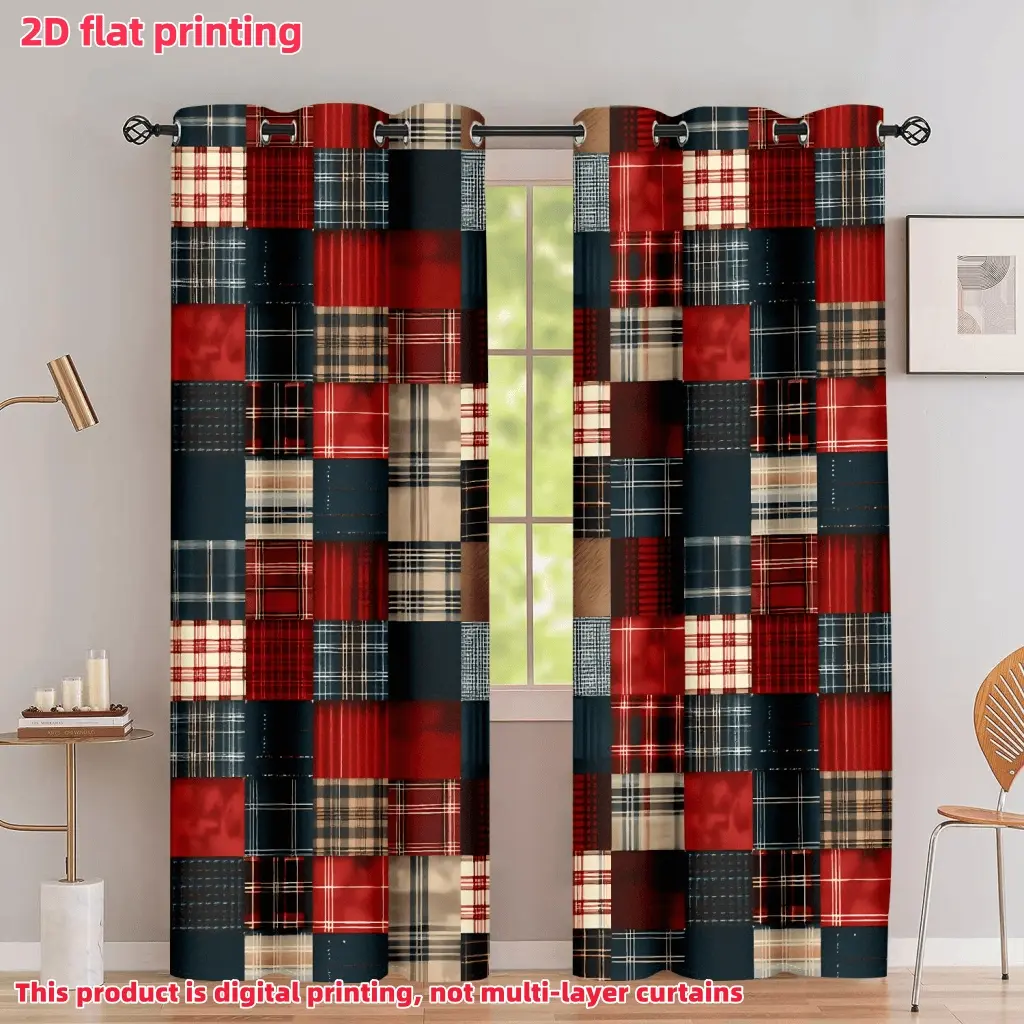 2D Flat 2Pcs Plaid Patchwork Curtains, Pattern Window Drapes, Rod Pocket/Grommet Top for Living Room Bedroom, Rustic Farmhouse Style Decor, Home, Anti-Privacy, Accessory