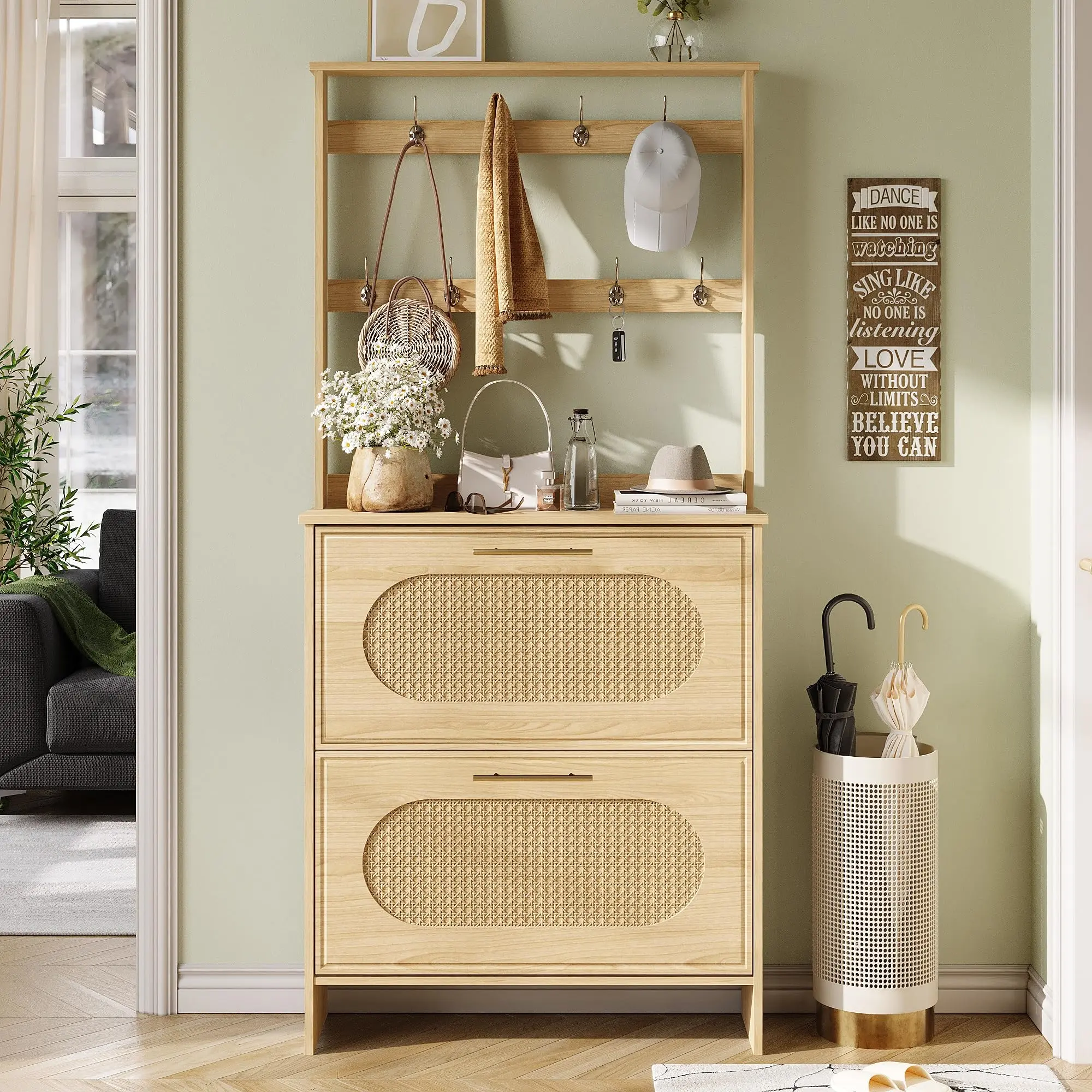 [Summergarden] Vabches Tall Standalone Shoe Cabinet - Farmhouse Wood Storage Racks with 2 Flip Drawers, Rattan Doors, Hangable Strap Hooks, Adjustable Storage, Space-Saving Hidden Organizer for Foyer, Coastal Entryway (Wall-Mount Option Available)