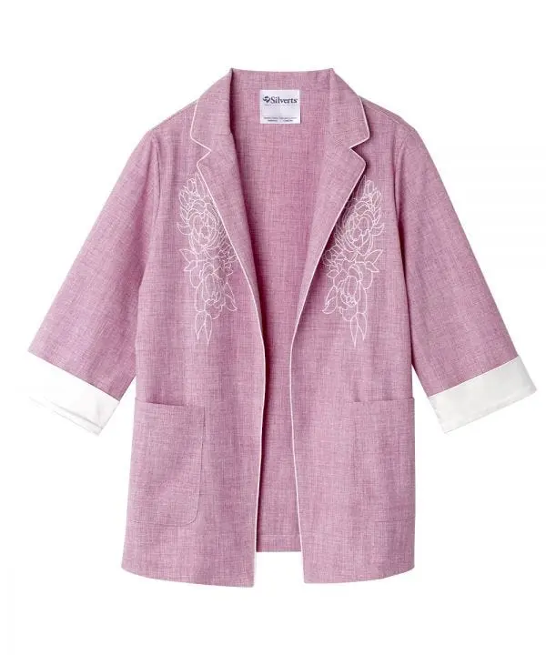 Linen Blazer for Women with Floral Embroidery, Elegant Button Front Outerwear with Long Cuffed Sleeves, Ready to Wear for Business, Long Sleeve