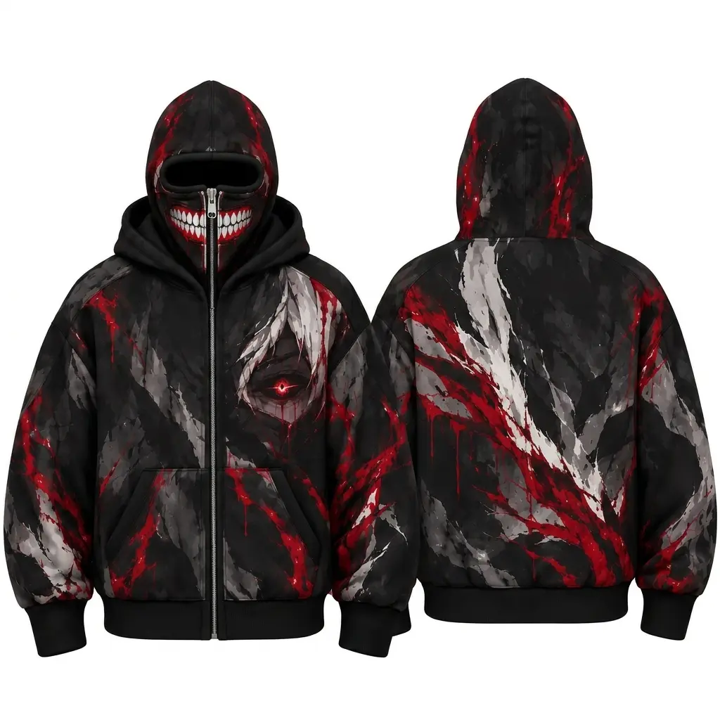 Tokyo Ghoul Mask Full Zip Up Hoodie, Japanese Dark Grunge Balaclava Sweatshirt, Bloody Eye Monster Teeth Fleece Jacket, Oversized Y2K Gothic Streetwear Outerwear, Casual Cosplay Winter Windproof Warm Coat For Men Women