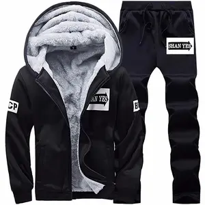 Men's Black Fleece-Lined Sports Set - Zip-Up Hoodie with Drawstring + Jogger Pants with Stylish Logo Design, Cozy Loungewear for Cold Weather