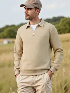 Men's Fall Winter American Retro Heavyweight Sweatshirt, Gingham Pattern, Slim-Fitting Long Sleeve Polo, Half-Zip Top