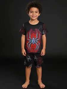 Boys' Cool Spider Print Round Neck Short Sleeve Shorts Pajama Set, Casual Fitted Homewear Sleepwear, 2 Piece Set