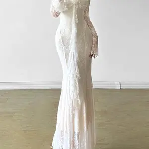 Women's Plain Floral Lace Ruched Ribbon Sheer Mermaid Dress, Elegant Sweetheart Neck Flounce Sleeve Dress for Party Holiday Wedding Guest, Ladies Clothes for All Seasons