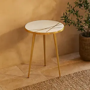 Gold Aluminum Metal Side End Accent Table with Marble Top