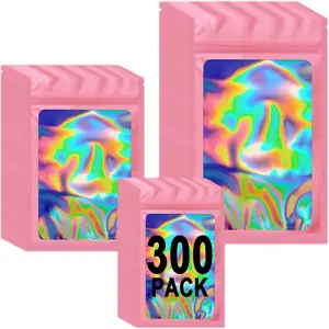 300 Pack 3 Size Mylar Holographic Bags with Clear Window, Zipper Foil Bags Packaging Pouch for Storage, Sample, Small Business