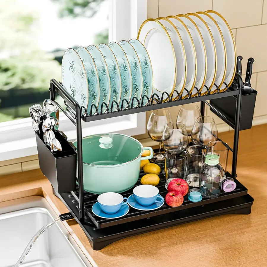 2 Tier Stainless Steel Dish Rack – Kitchen Dish Drying Rack with Utensil Holder & Drainboard