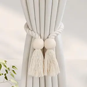 Wooden Curtain Tie, Tassel Decor Curtain, 1 Count Boho Style Handmade Curtain Tie, Simple Magnetic Design Curtain Tie for Bedroom & Living Room, Warm Home Decoration, Window Decorations Supplies