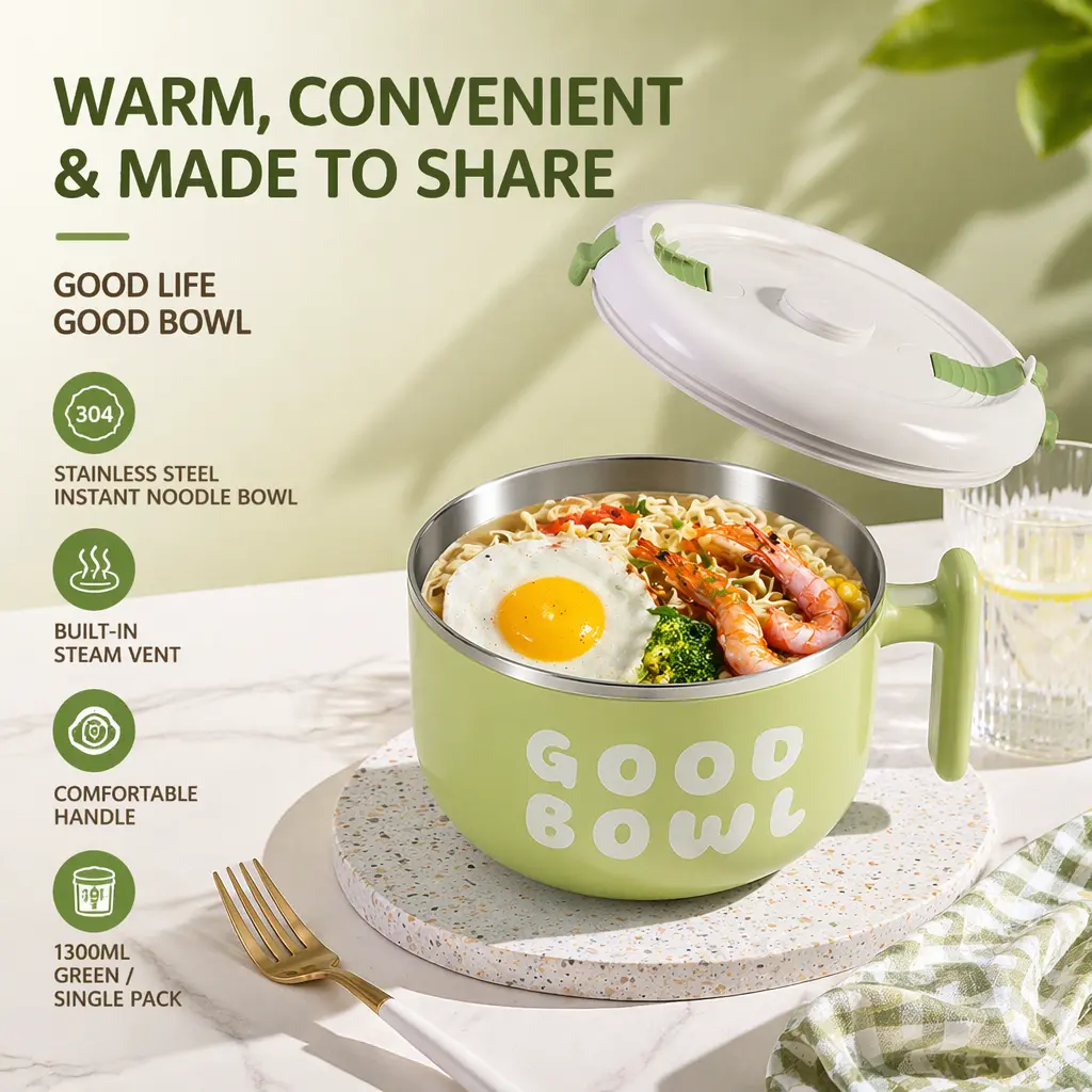 304 Stainless Steel Antibacterial Thick 1300ML Single Unit Food Bowl with Lid - Anti-Scald Handle, Leakproof Seal, Non-Slip Base, 12H Heat Retentive, Microwave Safe, BPA Free, Stackable Kitchen Tableware for Travel, Soup (Green/Beige)