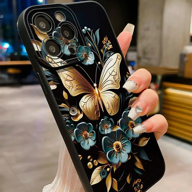 Butterfly & Flower Pattern Phone Case, Anti-fall Phone Protector Cover, Shockproof Phone Protective Case Compatible with iPhone 16 15 14 13 12 11 Series