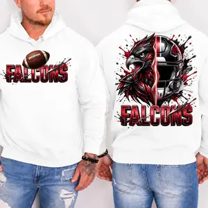 Strong Falcons Football 2 Sided Hoodie, Football Player Sweatshirt, Sports Apparel, Red & Titan Helmet Pullover Classic T-shirt, Graphic Printed Streetwear Top, 100% Cotton, Gift For Fans