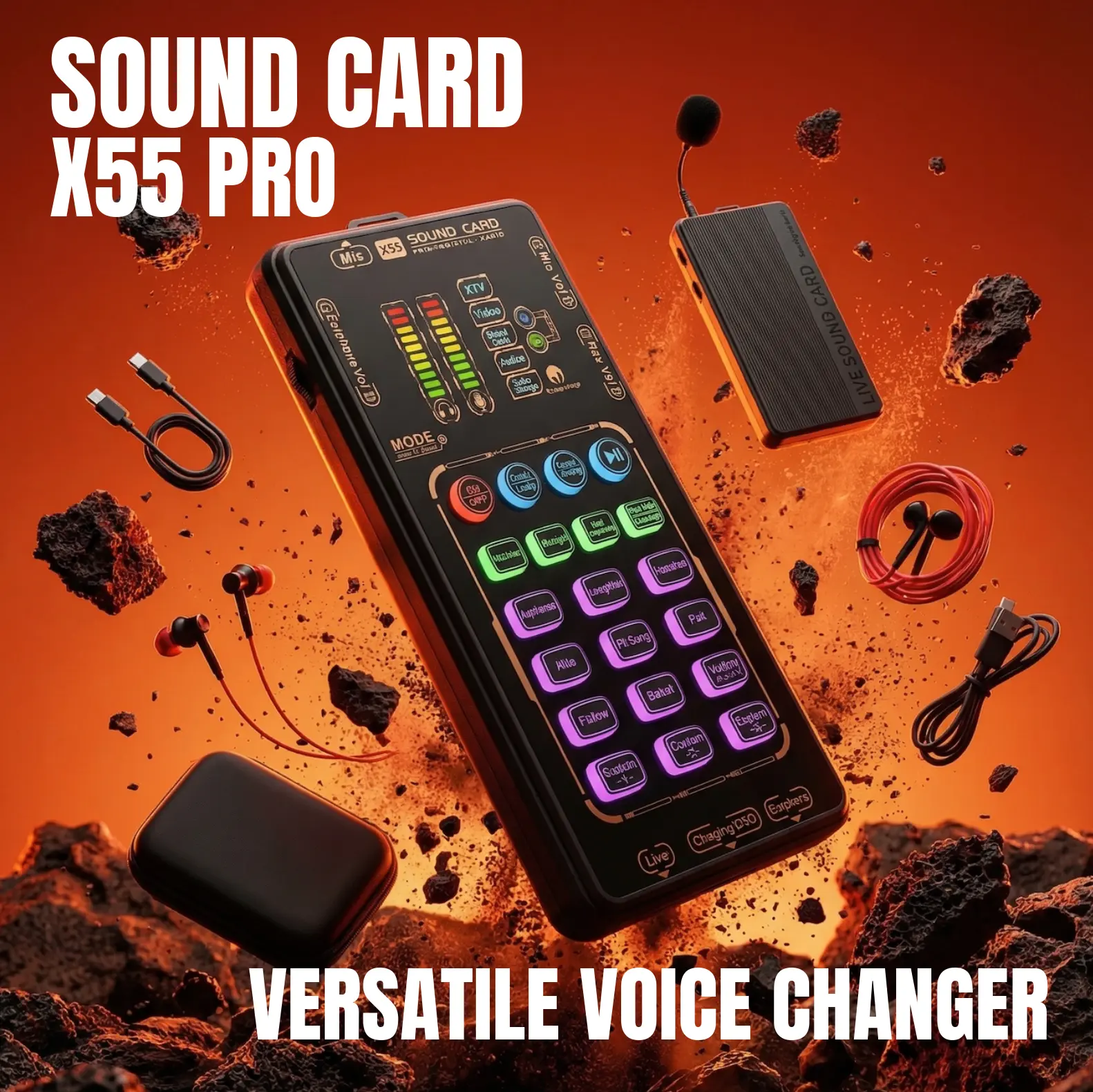 Portable X55 Pro Mobile Electronic Voice Changer Bundle - Amplifier Mixer, 4 Cases, Universal OTG Broadcast Cable, Wireless Bluetooth Sound Card, for Gamers, Singing, Podcasts