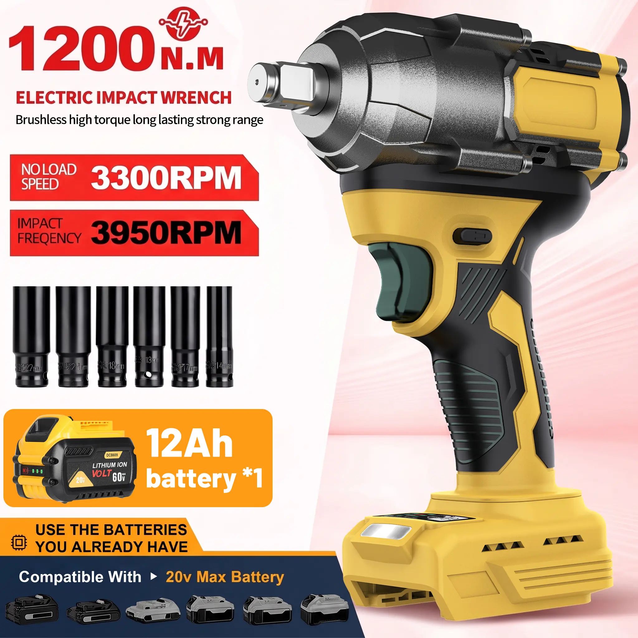 1200 N.M Electric Impact Wrench with 3300RPM No Load Speed and 3950RPM Impact Frequency Compatible with DeWalt batteries