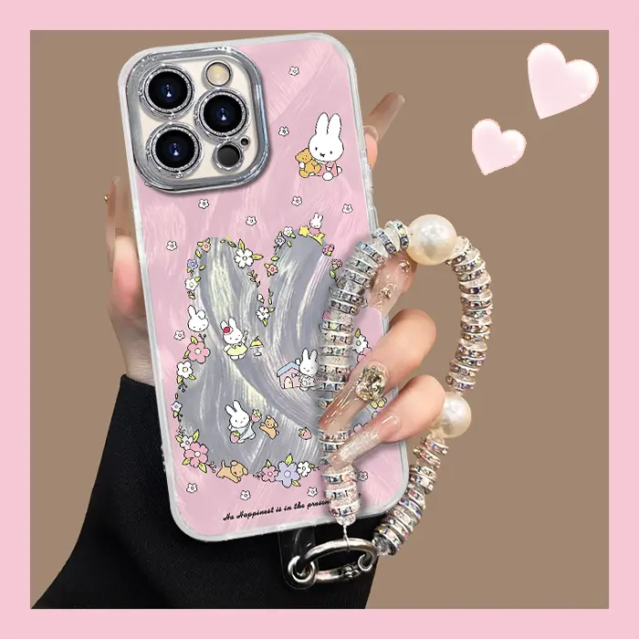 For IPhone XS XS XS Max 11 12 13 14 15 16 Plus Pro Promax and Phone Box in Cute Wreath Rabbit Feather Yarn Phone Case Lens Protection Cover