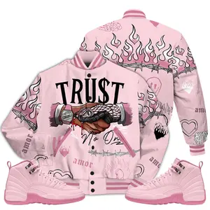 12 Pearl Pink Varsity Jacket, Pearl Pink 12s Letterman Jackets, Snake Trust No One Drip T-Shirt To Match Sneaker Outfit