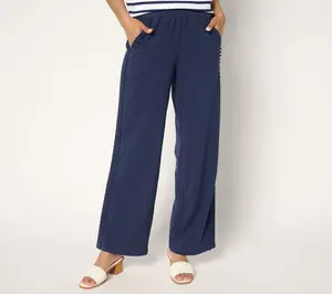 Belle by Kim Gravel Petite Slub Knit Pull On Pant w/ Crochet Trim