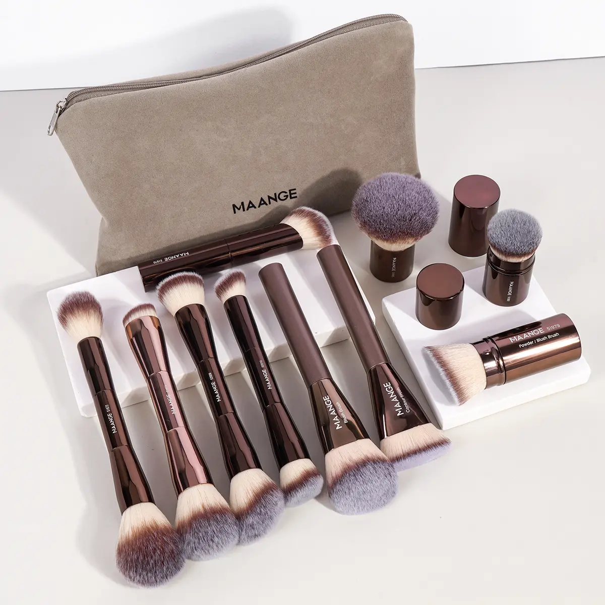 MAANGE 10pcs Professional Makeup Brush Set for Women - Soft Bristles, Multifunctional Beauty Tool, Travel-Friendly with Zipper Bag, Coffee Brown, Soft Makeup Brushes, Travel Brush Set