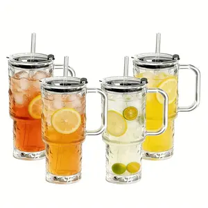 Large Retro Classic Transparent Glass Cup with Lid and Straw, Thickened Glassware for Beer, Ice Coffee, Juice, Cocktail, Water, Smoothie, Tea, Christmas Gift