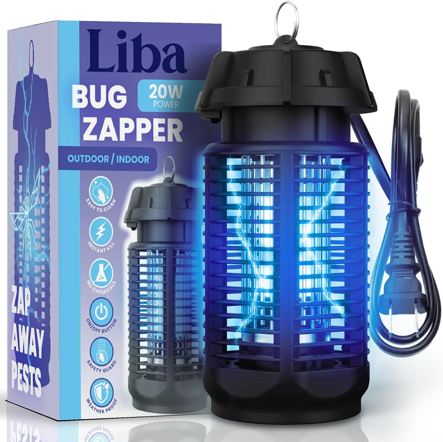 LiBa Electronic Mosquito Zapper - 4000V UV Light Electric Bug Killer, Waterproof, 1,600 Sq. Ft. Coverage, ABS Build, Safe for the Whole Family, Indoor/Outdoor Moth & Insect Repellent