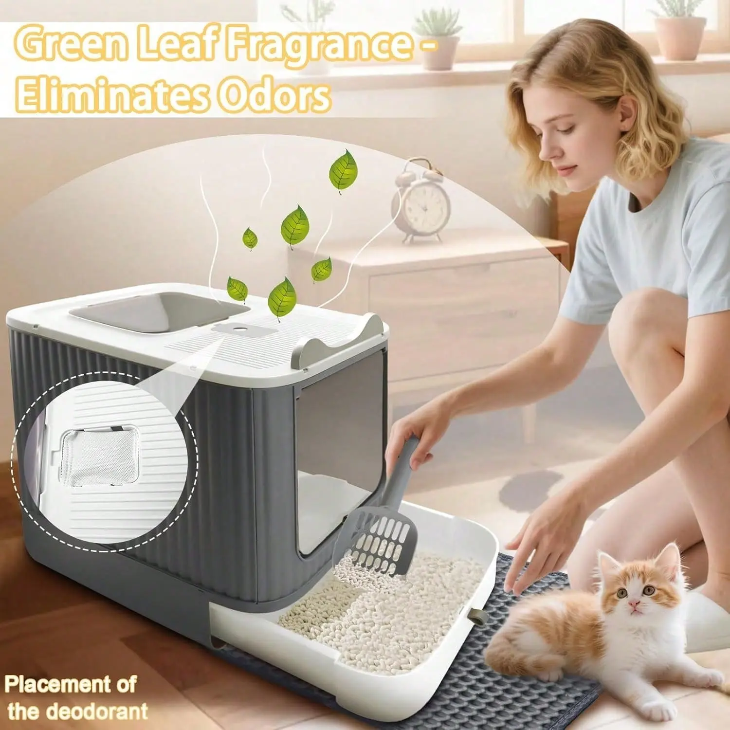 Upgraded Fully Enclosed Cat Litter Box with Lid, Anti-Splashing Litter Tray, Easy-Clean Drawer Design, 3 Modes for Kittens to Adult Cats, Pet Litterbox