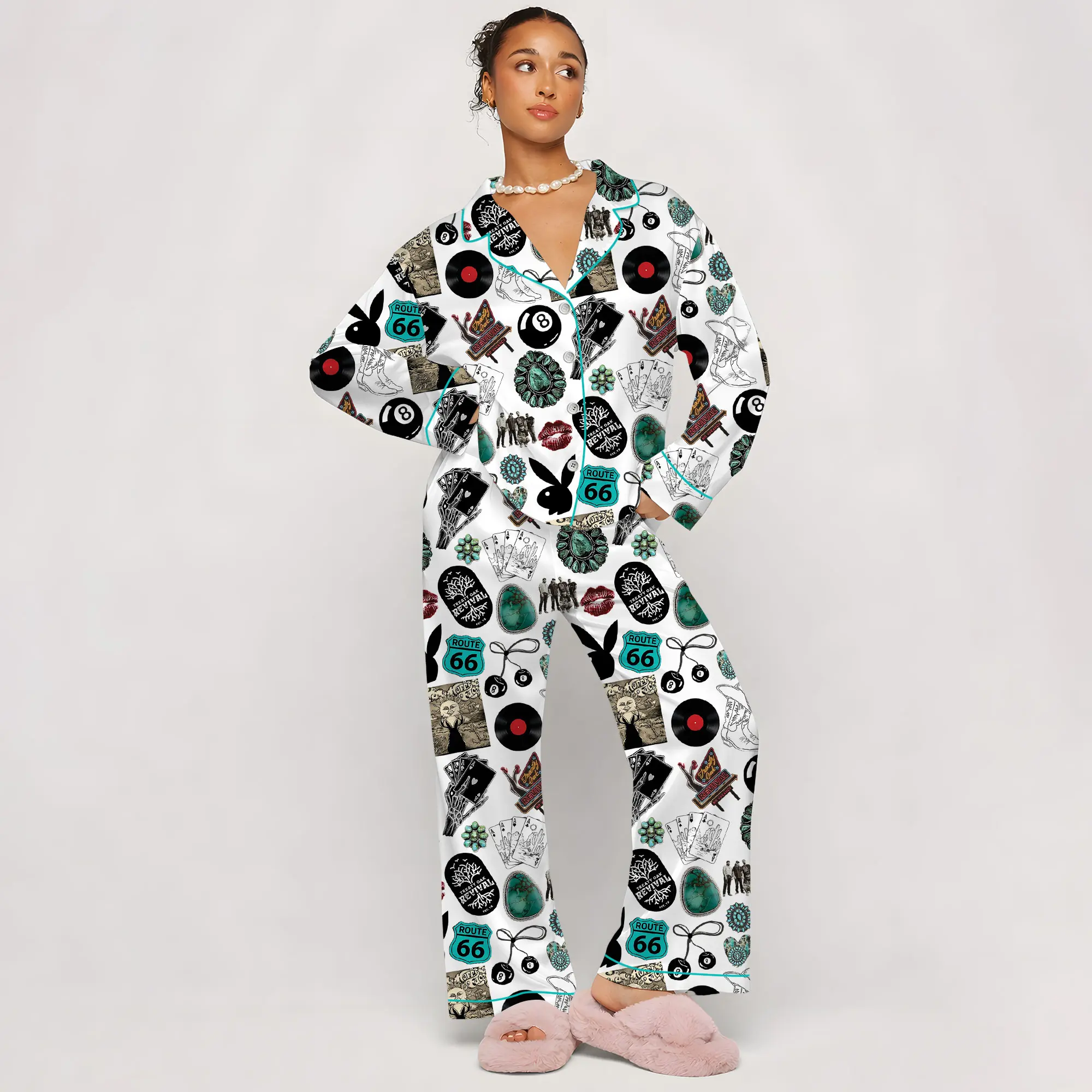 Cowgirl Cowboy Western Satin Pajama Set, Route 66 Rodeo Cowgirl PJs, Vintage Western Cow Boy Sleepwear, Country Western Loungewear, Turquoise Western Print Pajamas, Retro Americana Nightwear Gift for Her Him