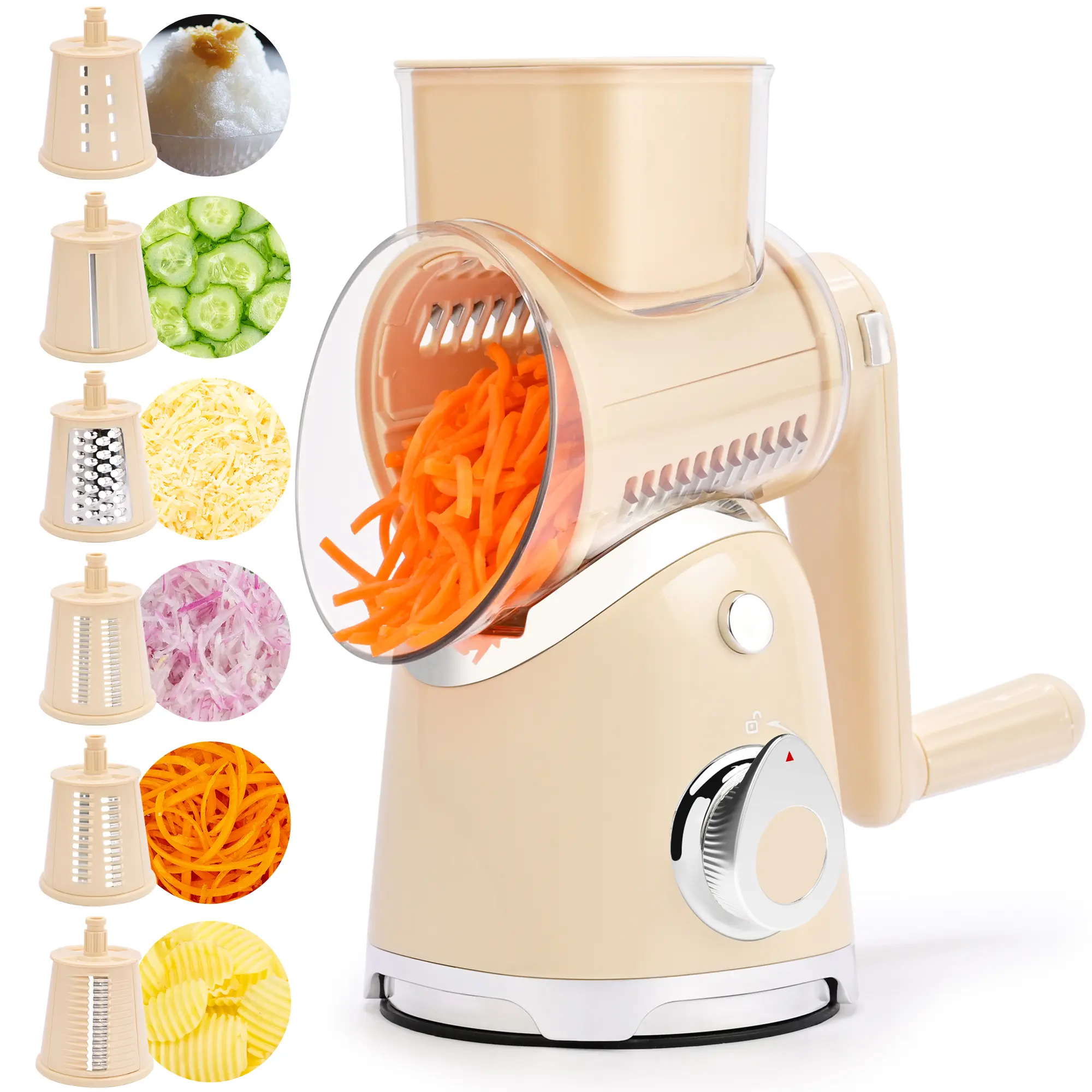 SUSTEAS 6-in-1 Cheese Grater with Strong Suction Base - Ice Crusher, Hand Protection Pusher for Safety, 1 Tool for Veggies, Cheese, Ice - Durable Kitchen Utensil for Shave, Slice, Shred, Grind, Beige Vegetable Slicer Cutter, One Tool For Veggies, Cheese,