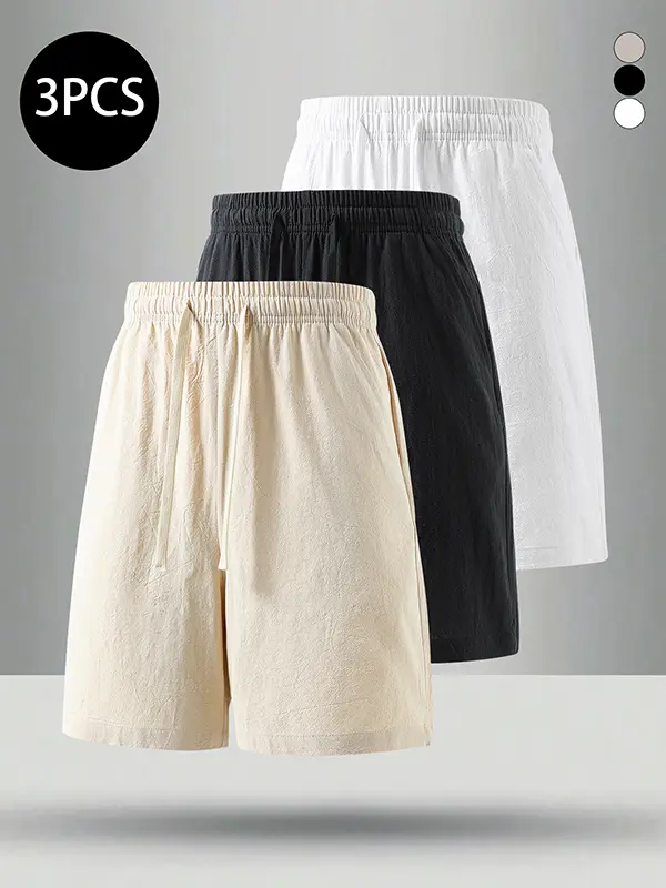 Men's 3-Pack Summer Cotton Shorts, 100% Cotton Ruched Mid-Thigh, Lightweight Breathable Menswear for Home Wear & Fitness, Multi-Color Options for Easy Styling