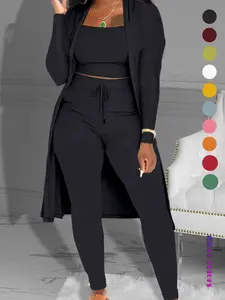 Women's Plain Long Sleeve Open Front Cardigan & Tie Front Leggings & Sleeveless Cropped Top Co-ord Set, Casual Cozy Women's Outfits for Fall