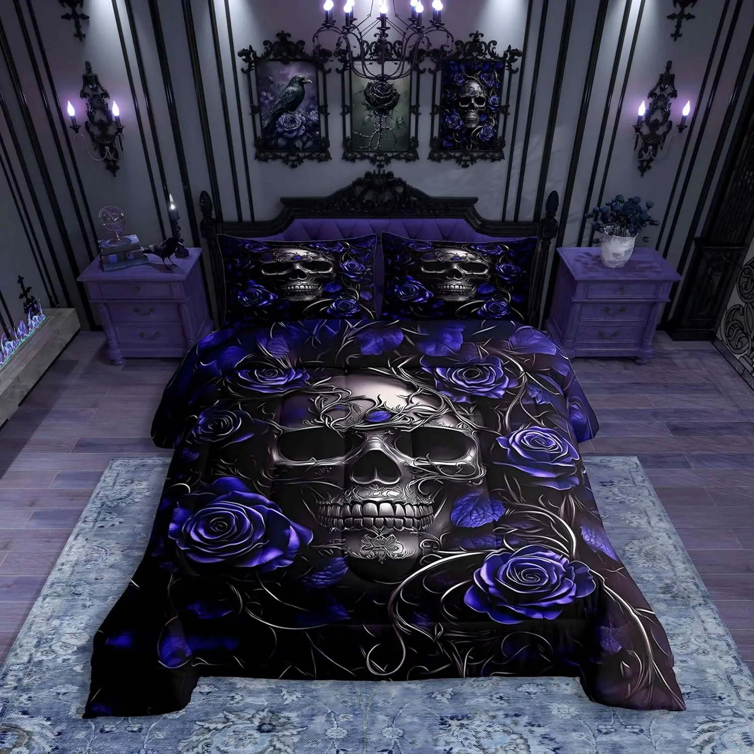 Feelyou Queen Comforter Set - Microfibre Breathable Skull and Rose Bedding Set, Navy Blue Vintage Victorian Print, Gothic Halloween Boho Bedding, Machine Washable Home Decor