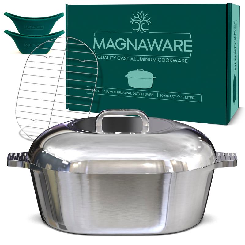 MAGNAWARE Oval Dutch Oven with Lid 10 Quart 15 Inch Superior Aluminum Construction Lightweight Rustproof Cookware Set with Silicone Covers