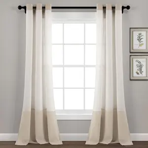 Lush Decor Faux Linen Grommet Color Block Window Curtain Panel Single, Sold Individually, 40"W x 84"L Semi-Sheer Classic Timeless Design for Living Room Dining Room or Bedroom