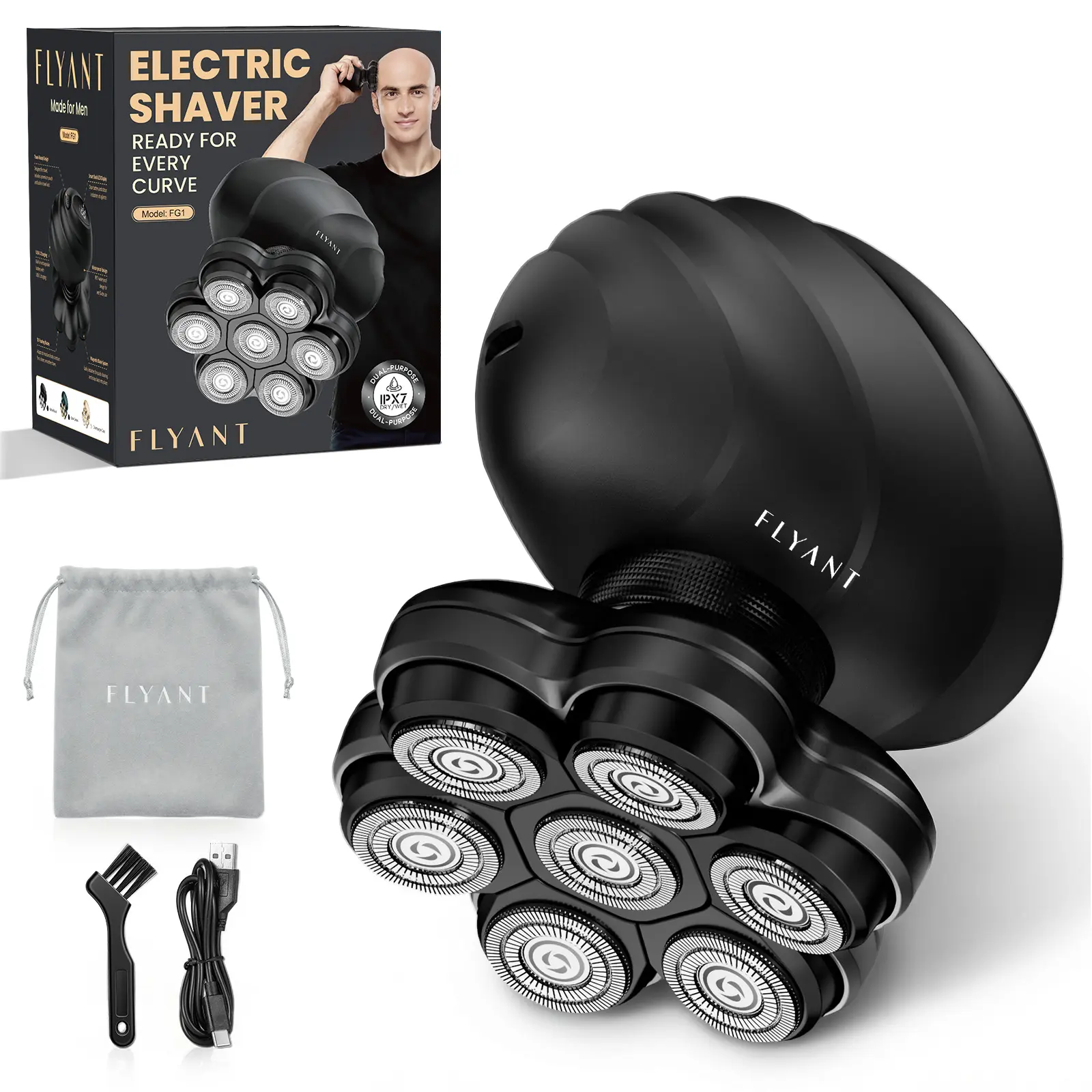 [FathersDayGift] Flyant Matte Black 7D Floating Electric Shaver for Head and Body, Rechargeable Waterproof Wet Dry Razor, Unisex Bikini Trimmer & Pubic Hair Groomer