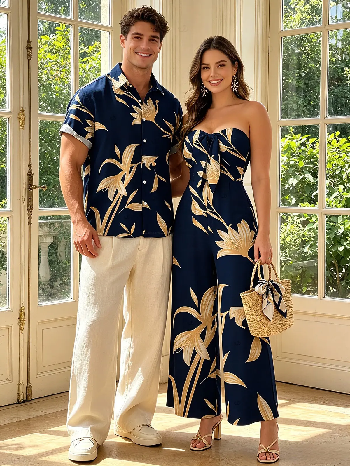 Vacation Couple Outfit Hand‑Drawn Orchid Floral Print Pocket Off the Shoulder Jumpsuit and Shirt Set