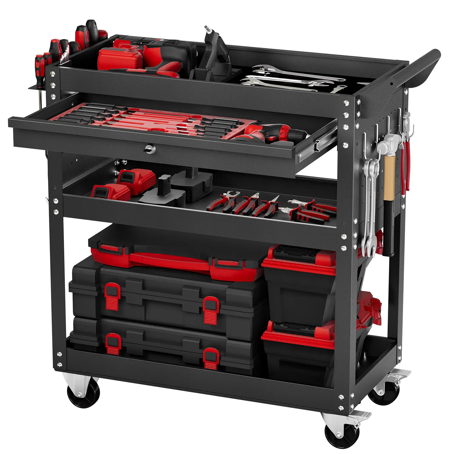 VEVOR 4-Tier Tool Cart with Wheels,  350 lbs Load Capacity, Rolling Work Cart with Drawer & Pegboard, Mechanic Tool Storage Organizer with Locking System for Garage, Warehouse and Repair Shop, Black