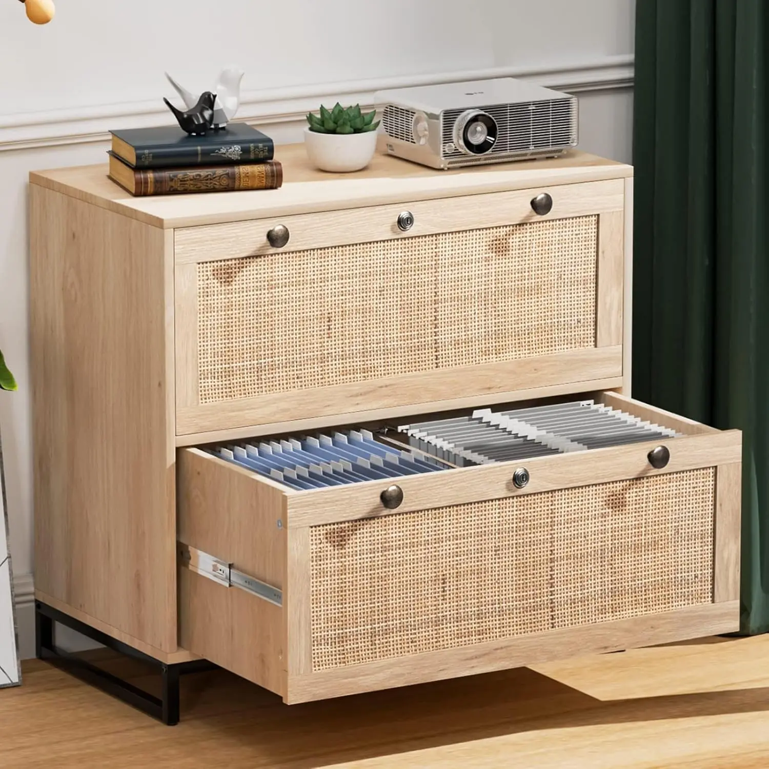 VINGLI Black Rattan 2 Drawer Lateral File Cabinet with Lock, Wood Locking File Cabinets for Home Office, File Cabinet Printer Stand for Hanging Letter/Legal Size Labeled Folders, Oak, 30W x 16D x 28H